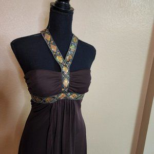 A Byer brown halter dress with gold detail.